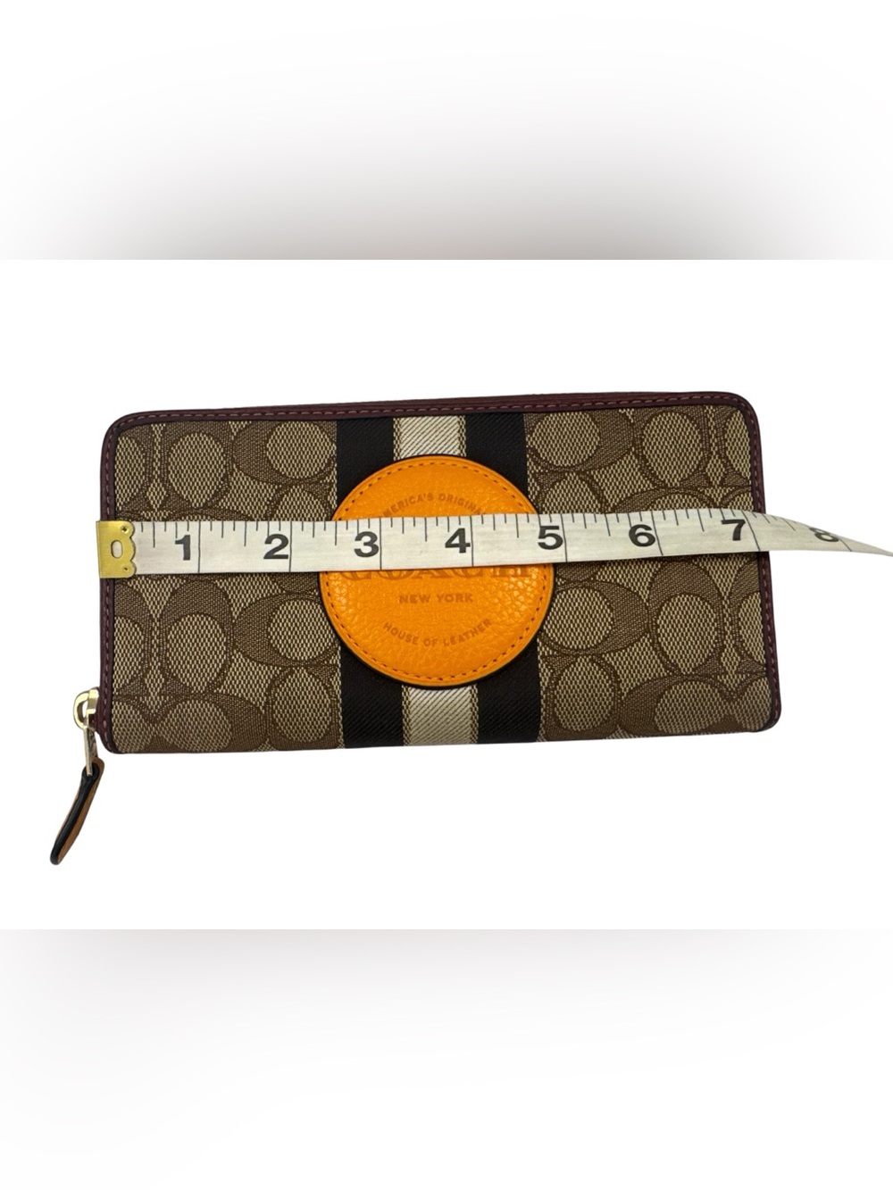 COACH Dempsey Signature Zip Around Wallet in Brown with Orange Patch - Picture 11 of 14